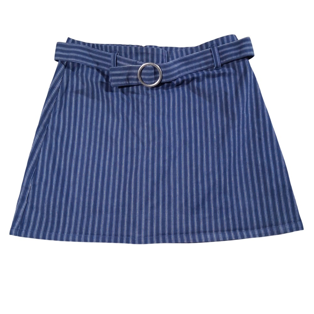 Copper Key Navy Blue Pinstripe O-Ring Belted Mini Skirt Size 7 Casual Preppy Y2K
